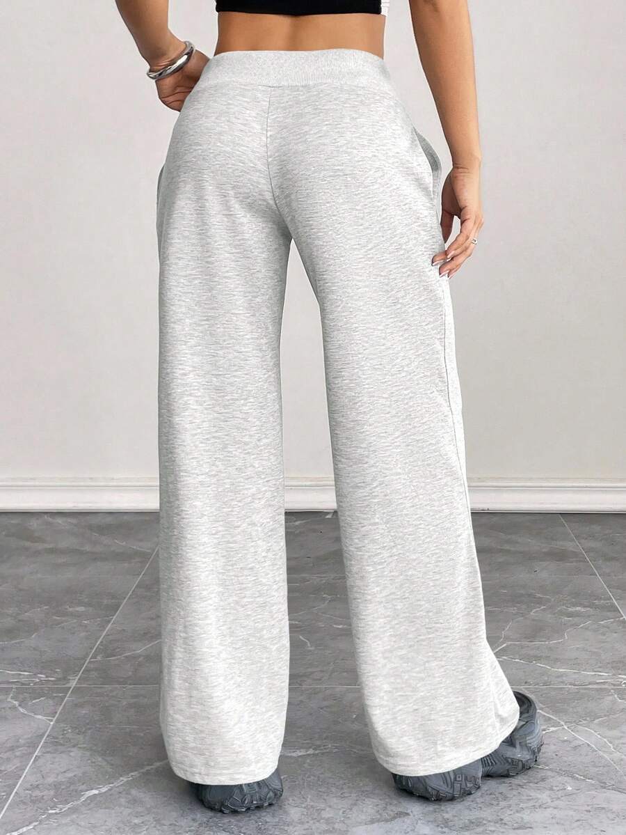SHEIN PETITE Comfortable And Casual Plain Knitted Low-Rise Wide-Leg Women's Sweatpants Baggy
