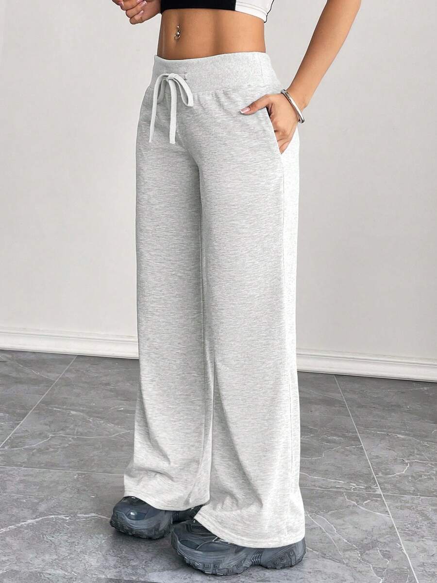 SHEIN PETITE Comfortable And Casual Plain Knitted Low-Rise Wide-Leg Women's Sweatpants Baggy