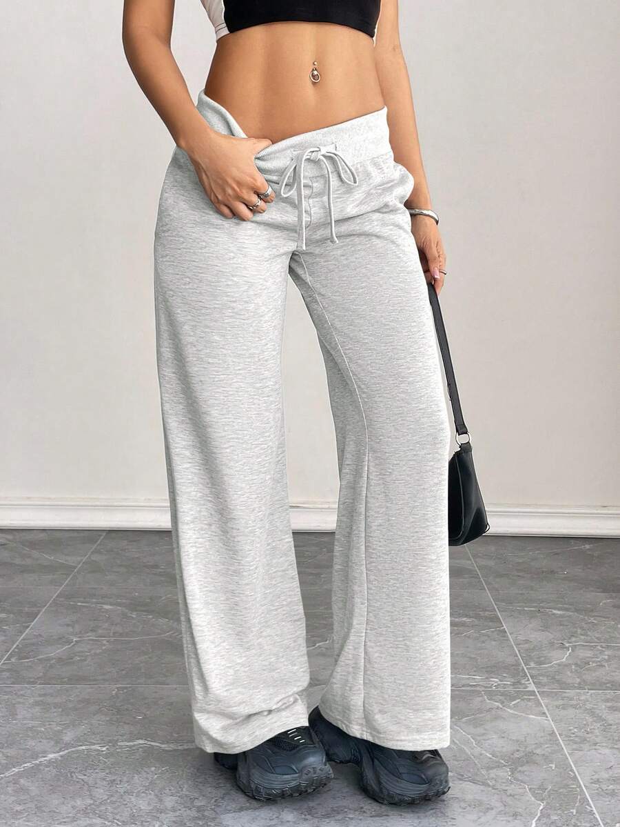 SHEIN PETITE Comfortable And Casual Plain Knitted Low-Rise Wide-Leg Women's Sweatpants Baggy