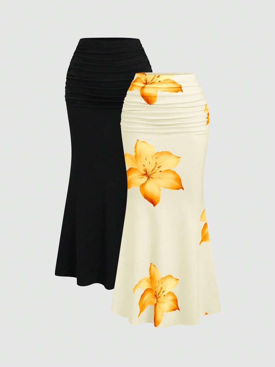 Sweetra 2pcs Women's Elegant Party Solid Color Mermaid Skirt And Floral Print Skirt Set Fall Cloth For Women