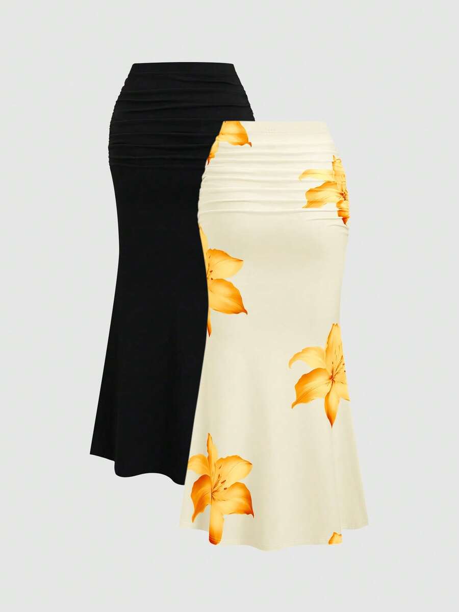 Sweetra 2pcs Women's Elegant Party Solid Color Mermaid Skirt And Floral Print Skirt Set Fall Cloth For Women