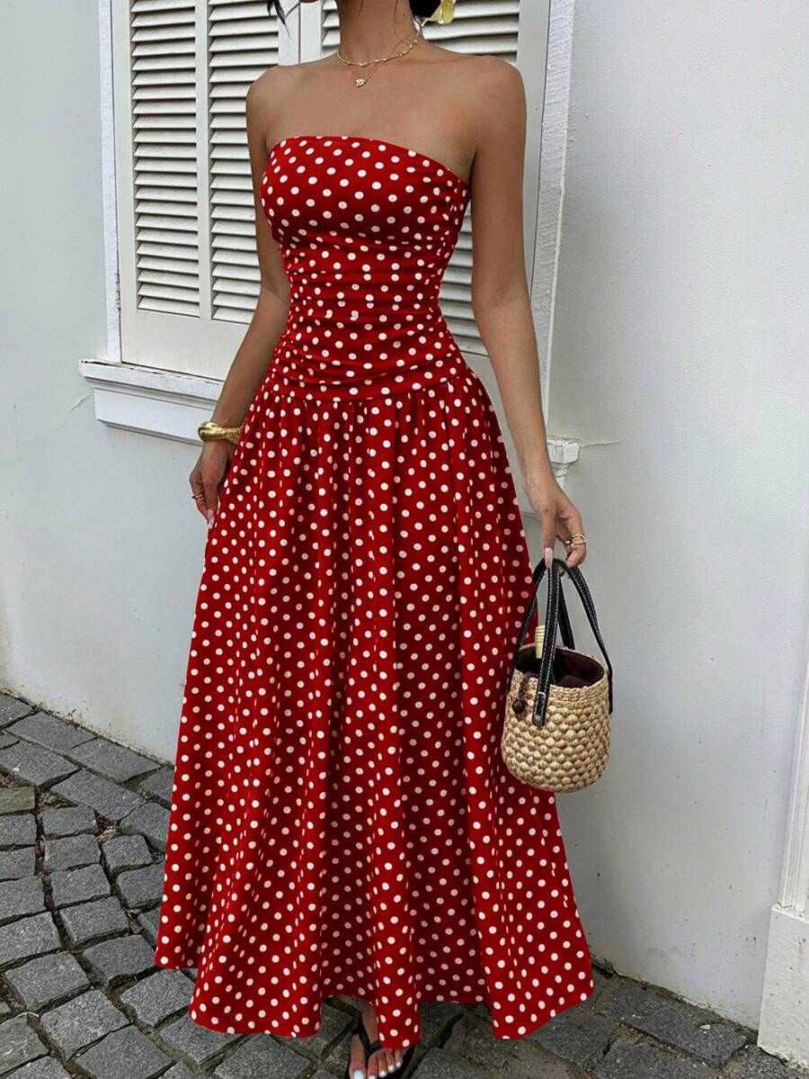 MainGRL Women's Polka Dot Print Waist Cinched Bandeau Dress, Vacation Style,Dresses For Women Casual Sun Dress Long Brown Long Dress Brown Sundress Brown Maxi Dress Brown Polka Dot Dress