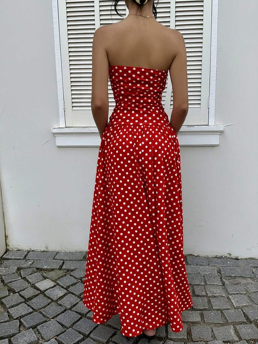 MainGRL Women's Polka Dot Print Waist Cinched Bandeau Dress, Vacation Style,Dresses For Women Casual Sun Dress Long Brown Long Dress Brown Sundress Brown Maxi Dress Brown Polka Dot Dress