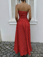 MainGRL Women's Polka Dot Print Waist Cinched Bandeau Dress, Vacation Style,Dresses For Women Casual Sun Dress Long Brown Long Dress Brown Sundress Brown Maxi Dress Brown Polka Dot Dress