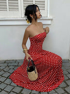 MainGRL Women's Polka Dot Print Waist Cinched Bandeau Dress, Vacation Style,Dresses For Women Casual Sun Dress Long Brown Long Dress Brown Sundress Brown Maxi Dress Brown Polka Dot Dress