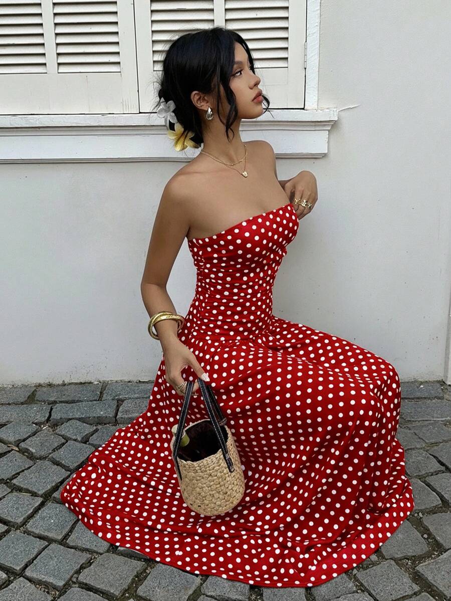 MainGRL Women's Polka Dot Print Waist Cinched Bandeau Dress, Vacation Style,Dresses For Women Casual Sun Dress Long Brown Long Dress Brown Sundress Brown Maxi Dress Brown Polka Dot Dress