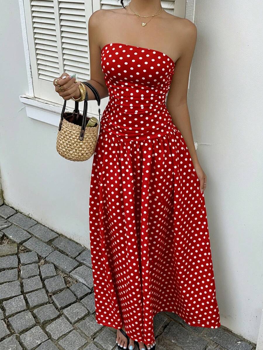 MainGRL Women's Polka Dot Print Waist Cinched Bandeau Dress, Vacation Style,Dresses For Women Casual Sun Dress Long Brown Long Dress Brown Sundress Brown Maxi Dress Brown Polka Dot Dress