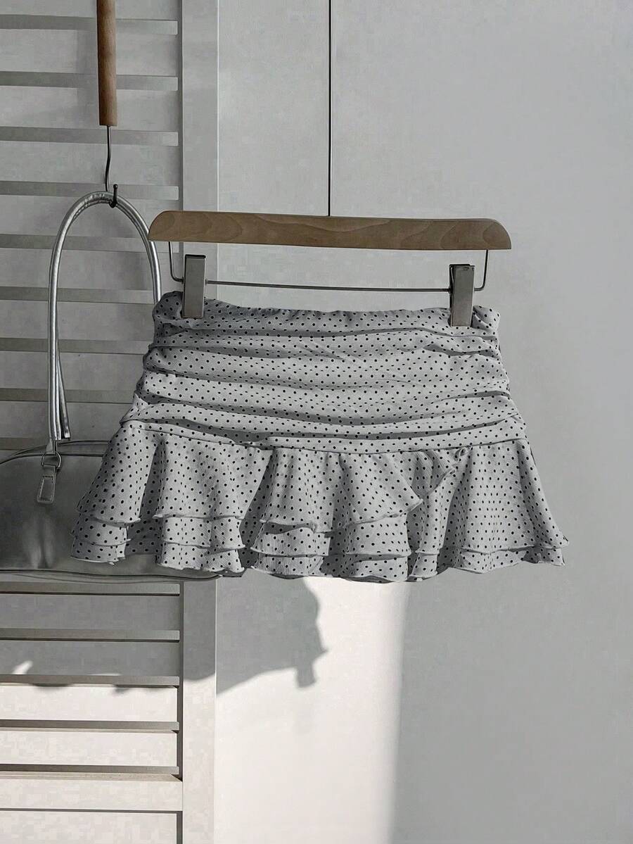 Elamini Women's Fashion Pleated Layered Decor Sweet Design Charming Polka Dot Ruffle Hem Vacation Style Skirt