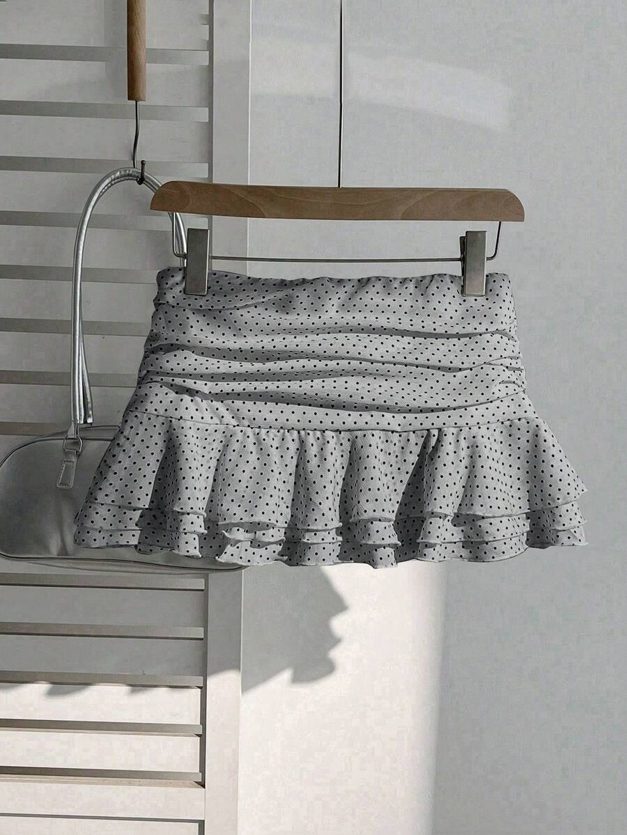 Elamini Women's Fashion Pleated Layered Decor Sweet Design Charming Polka Dot Ruffle Hem Vacation Style Skirt