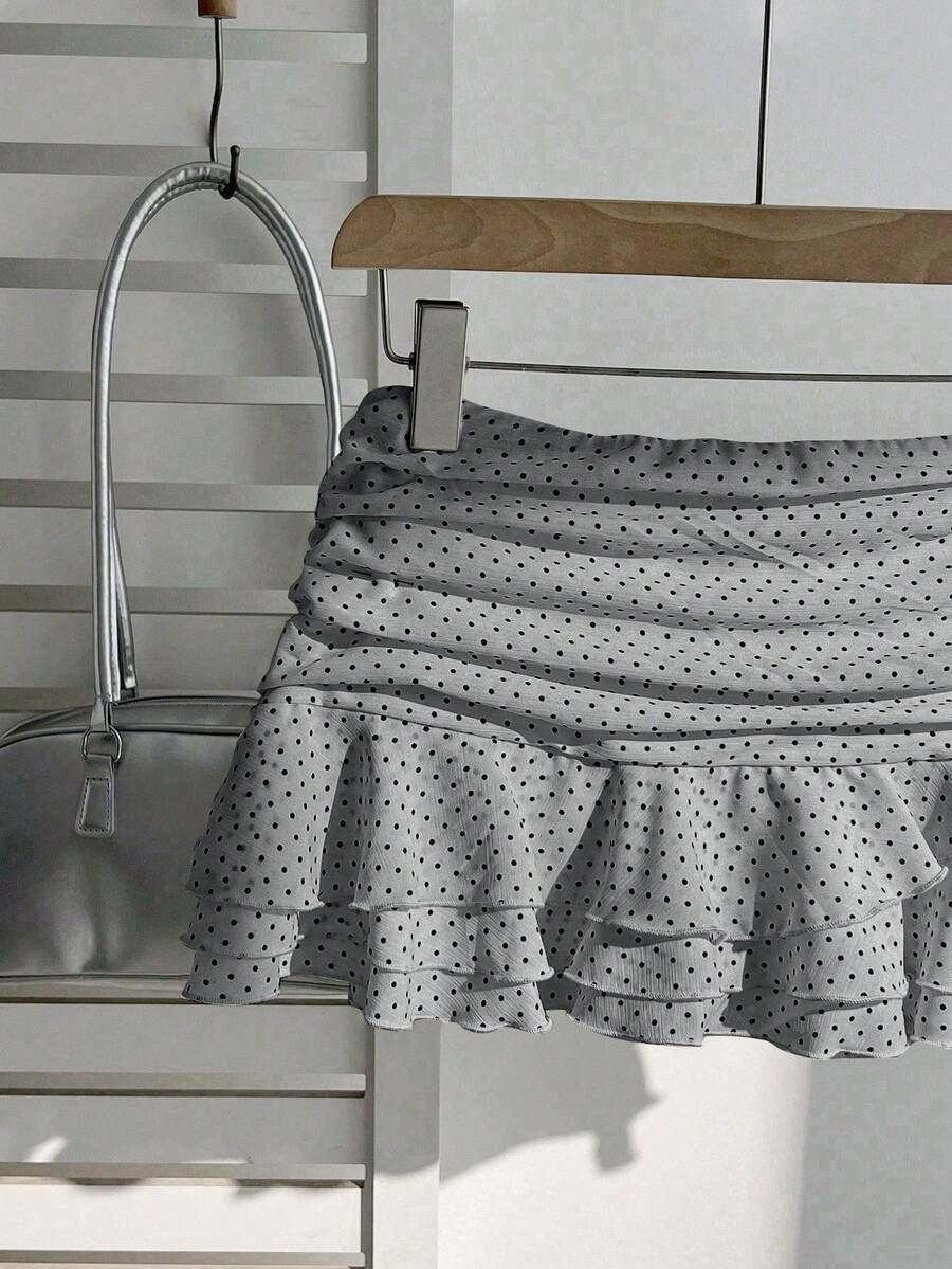 Elamini Women's Fashion Pleated Layered Decor Sweet Design Charming Polka Dot Ruffle Hem Vacation Style Skirt