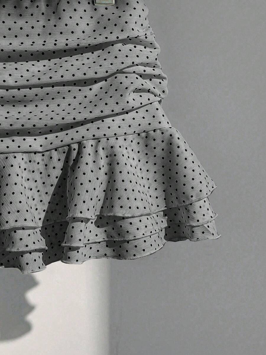 Elamini Women's Fashion Pleated Layered Decor Sweet Design Charming Polka Dot Ruffle Hem Vacation Style Skirt