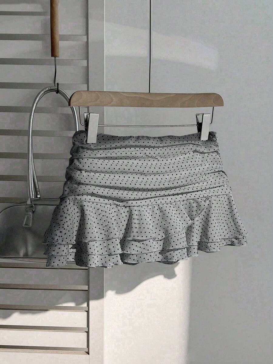 Elamini Women's Fashion Pleated Layered Decor Sweet Design Charming Polka Dot Ruffle Hem Vacation Style Skirt