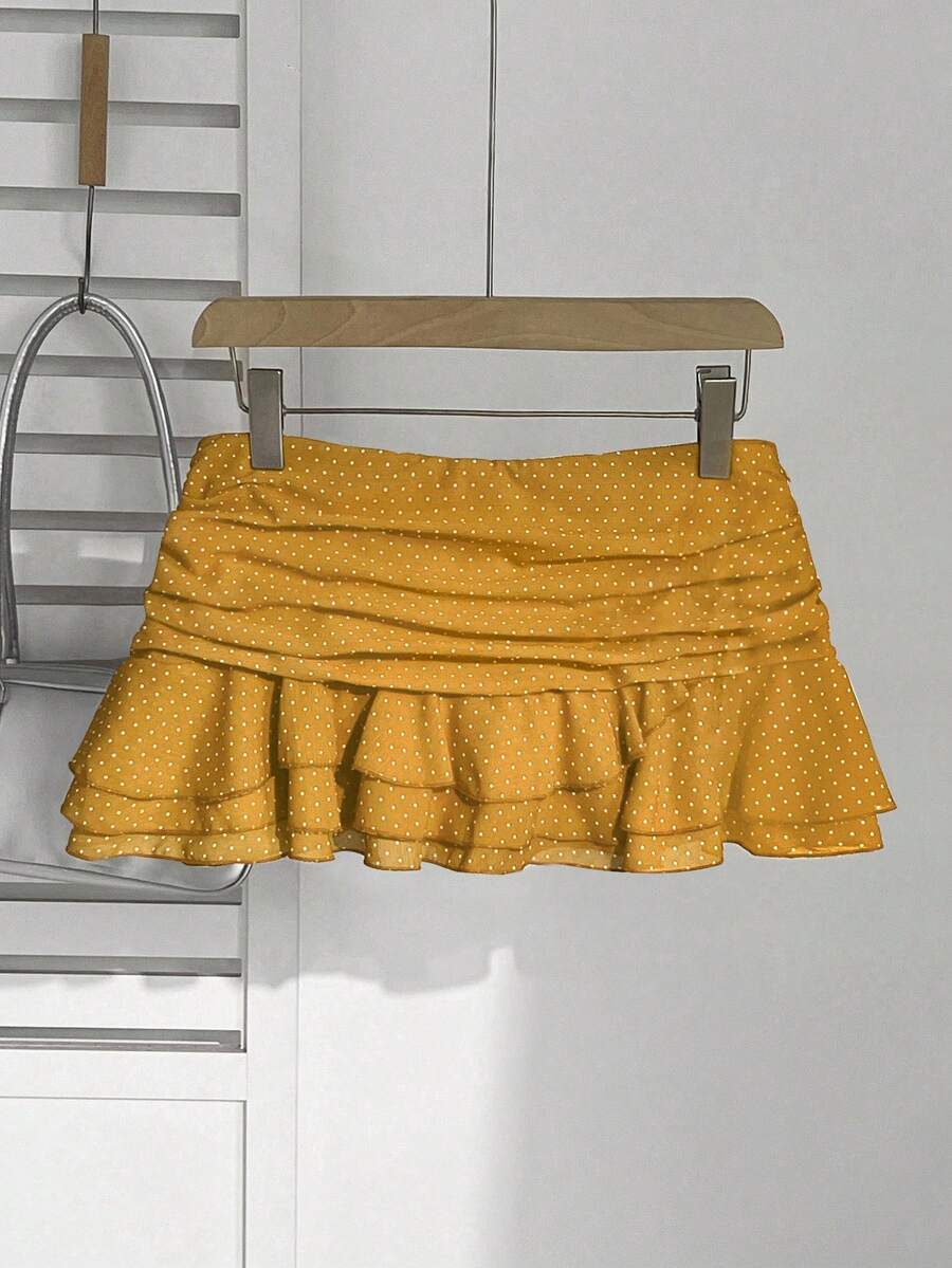 Elamini Women's Fashion Pleated Layered Decor Sweet Design Charming Polka Dot Ruffle Hem Vacation Style Skirt