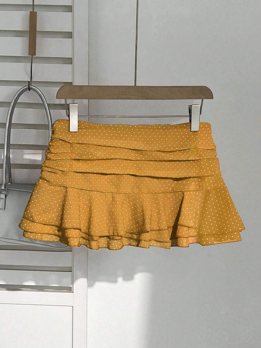 Elamini Women's Fashion Pleated Layered Decor Sweet Design Charming Polka Dot Ruffle Hem Vacation Style Skirt