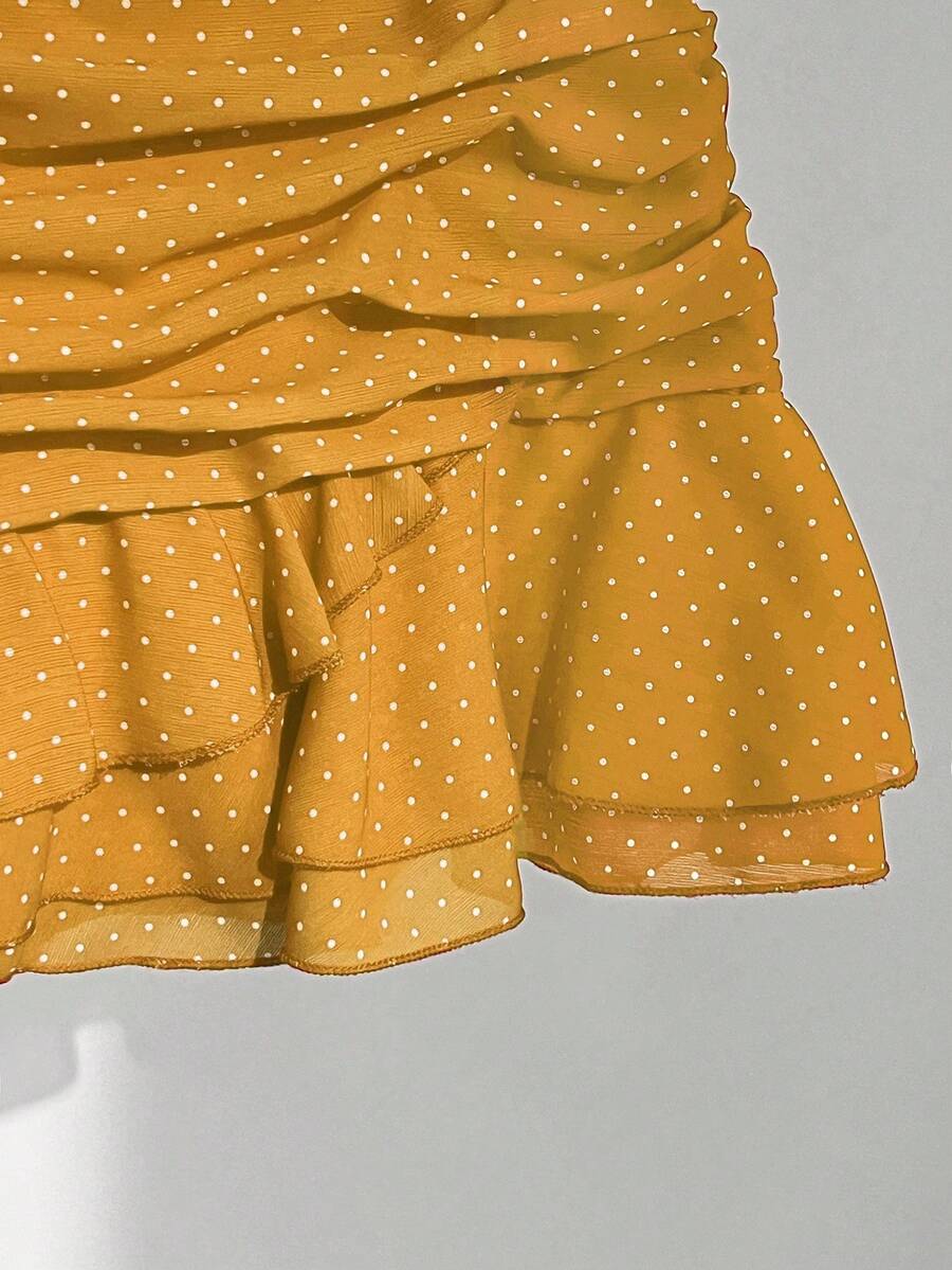 Elamini Women's Fashion Pleated Layered Decor Sweet Design Charming Polka Dot Ruffle Hem Vacation Style Skirt