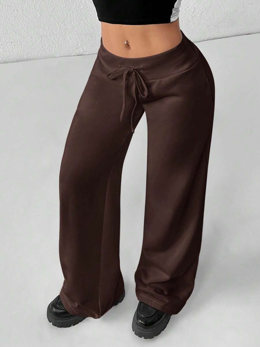 SHEIN PETITE Comfortable And Casual Plain Knitted Low-Rise Wide-Leg Women's Sweatpants Baggy
