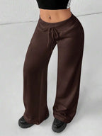 SHEIN PETITE Comfortable And Casual Plain Knitted Low-Rise Wide-Leg Women's Sweatpants Baggy