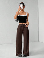 SHEIN PETITE Comfortable And Casual Plain Knitted Low-Rise Wide-Leg Women's Sweatpants Baggy