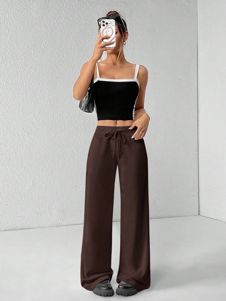 SHEIN PETITE Comfortable And Casual Plain Knitted Low-Rise Wide-Leg Women's Sweatpants Baggy