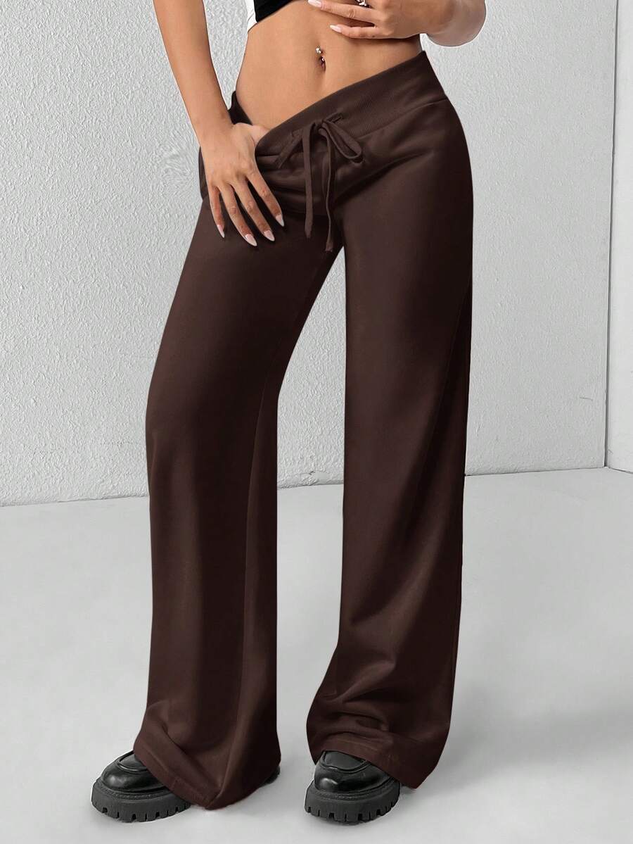 SHEIN PETITE Comfortable And Casual Plain Knitted Low-Rise Wide-Leg Women's Sweatpants Baggy