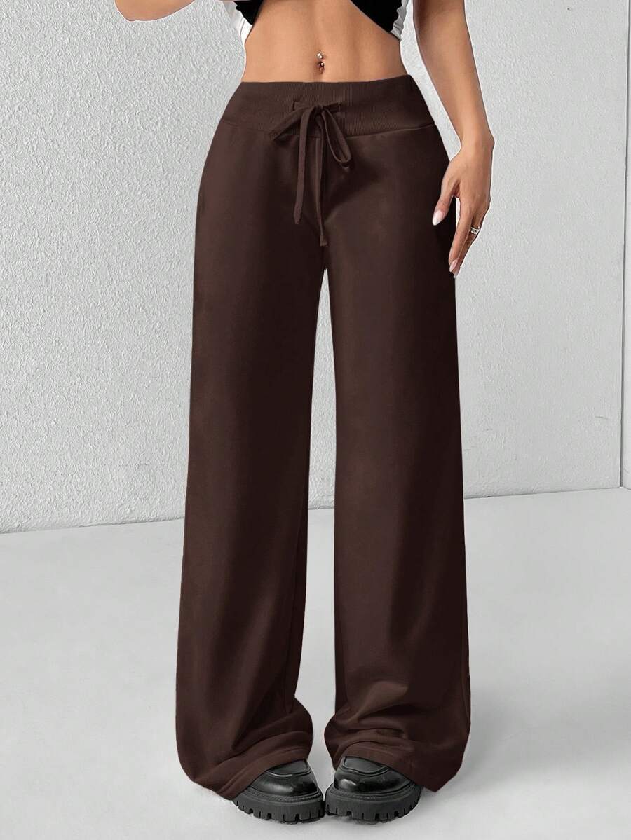 SHEIN PETITE Comfortable And Casual Plain Knitted Low-Rise Wide-Leg Women's Sweatpants Baggy