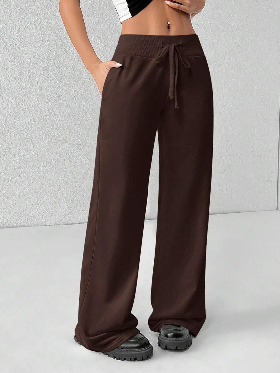 SHEIN PETITE Comfortable And Casual Plain Knitted Low-Rise Wide-Leg Women's Sweatpants Baggy
