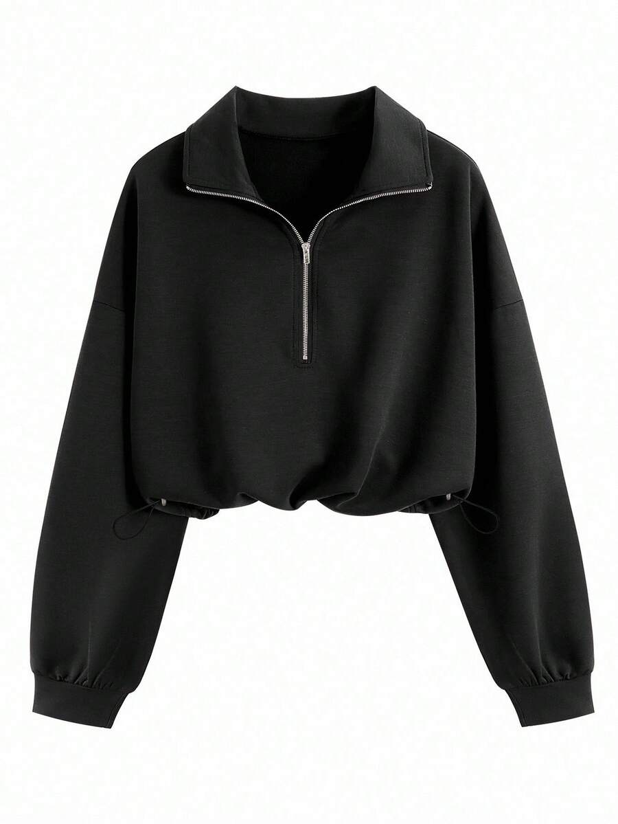 Airaco Women's Solid Color Drop Shoulder Long Sleeve Vintage American Style Half Zip Niche Sweatshirt Pullover Fall