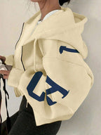 INAWLY Hooded Thermal Lined Sweatshirt, Autumn/Winter Short Loose Jacket,Ladies Spring/Fall Casual Pocket,Zipper Three Quarter Length Sleeve Hooded Oversized Regular Apricot Drop Shoulder Zip Up Women Hoodies,Three Quarter Sleeve Tops Graduation,Back To School Outfits,Graduation,Teacher Outfits For Women,Back To School Pullover