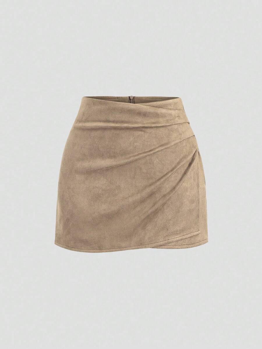 Sweetra Vintage Italian Style Maillard Color Pleated Bodycon Skirt, Sexy & Alluring For Autumn/Winter