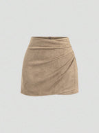 Sweetra Vintage Italian Style Maillard Color Pleated Bodycon Skirt, Sexy & Alluring For Autumn/Winter