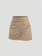 Sweetra Vintage Italian Style Maillard Color Pleated Bodycon Skirt, Sexy & Alluring For Autumn/Winter