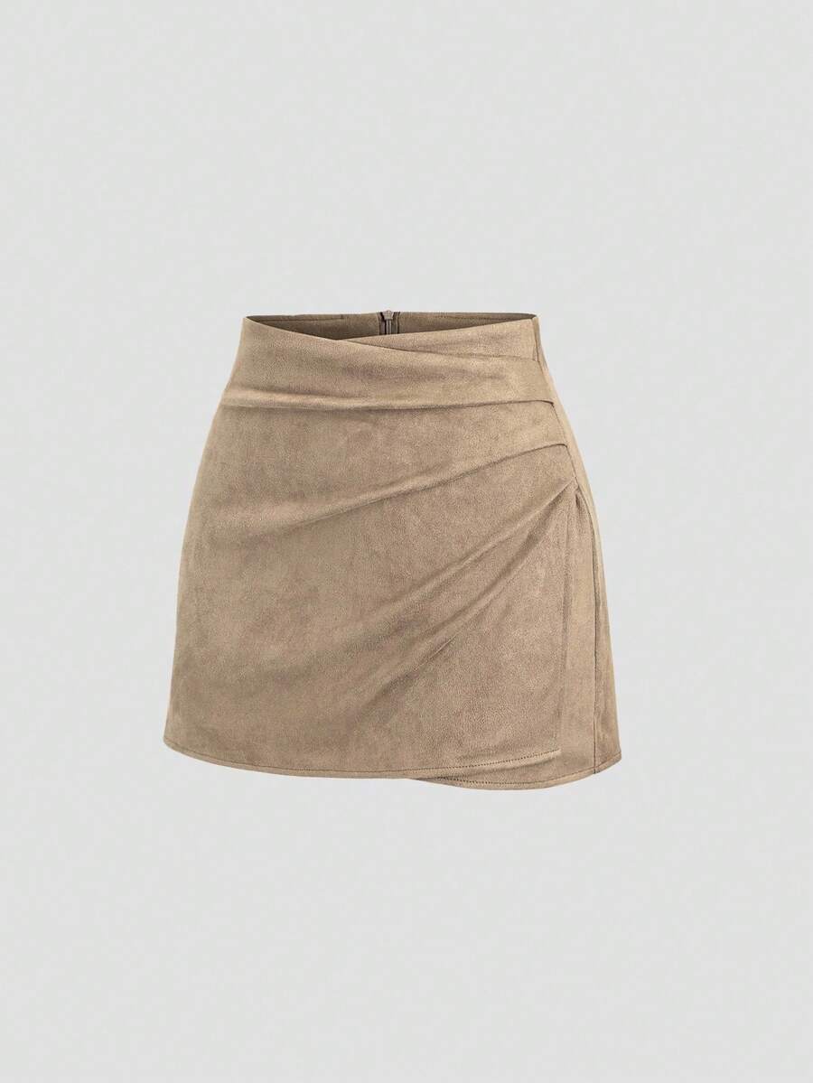 Sweetra Vintage Italian Style Maillard Color Pleated Bodycon Skirt, Sexy & Alluring For Autumn/Winter
