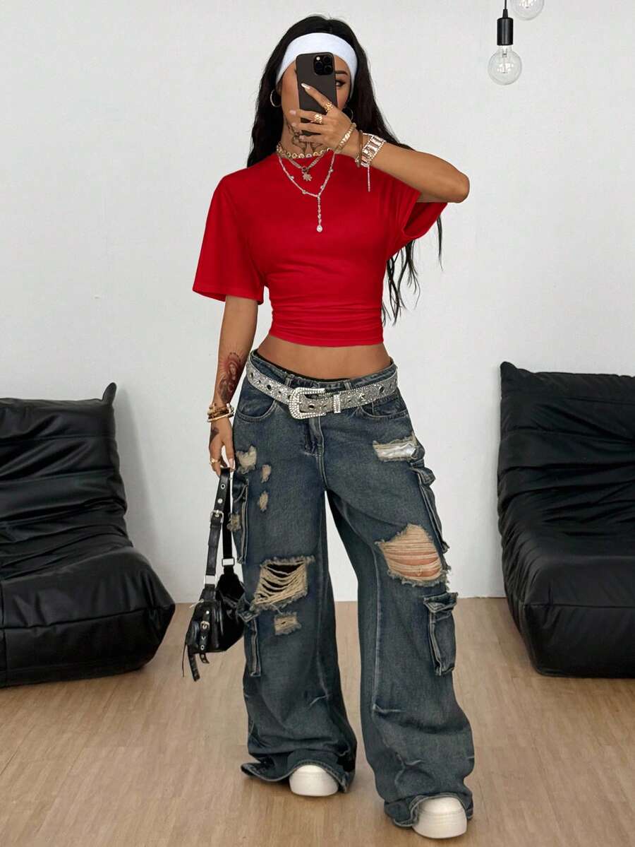 Coolane Women's Summer Minimalist Y2K Basic Daily Wear Casual Back To School Streetwear Stretchy Navy Blue Loose Ruched Crop Tees