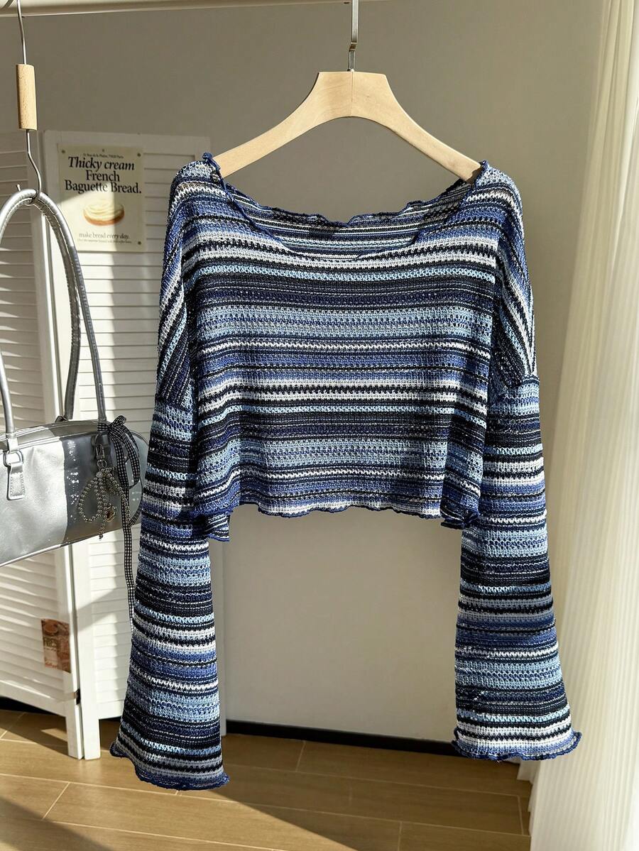 Comfortcana Plus Size Women Casual Striped Cropped T-Shirt,Fall Clothes For Women Colorful Knit Top,Autumn/Winter,Fall Clothes For Women Boho Knit Top Striped Knit Top,Vacation, Summer Knit Top,Slightly Sheer