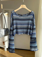 Comfortcana Plus Size Women Casual Striped Cropped T-Shirt,Fall Clothes For Women Colorful Knit Top,Autumn/Winter,Fall Clothes For Women Boho Knit Top Striped Knit Top,Vacation, Summer Knit Top,Slightly Sheer