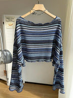 Comfortcana Plus Size Women Casual Striped Cropped T-Shirt,Fall Clothes For Women Colorful Knit Top,Autumn/Winter,Fall Clothes For Women Boho Knit Top Striped Knit Top,Vacation, Summer Knit Top,Slightly Sheer