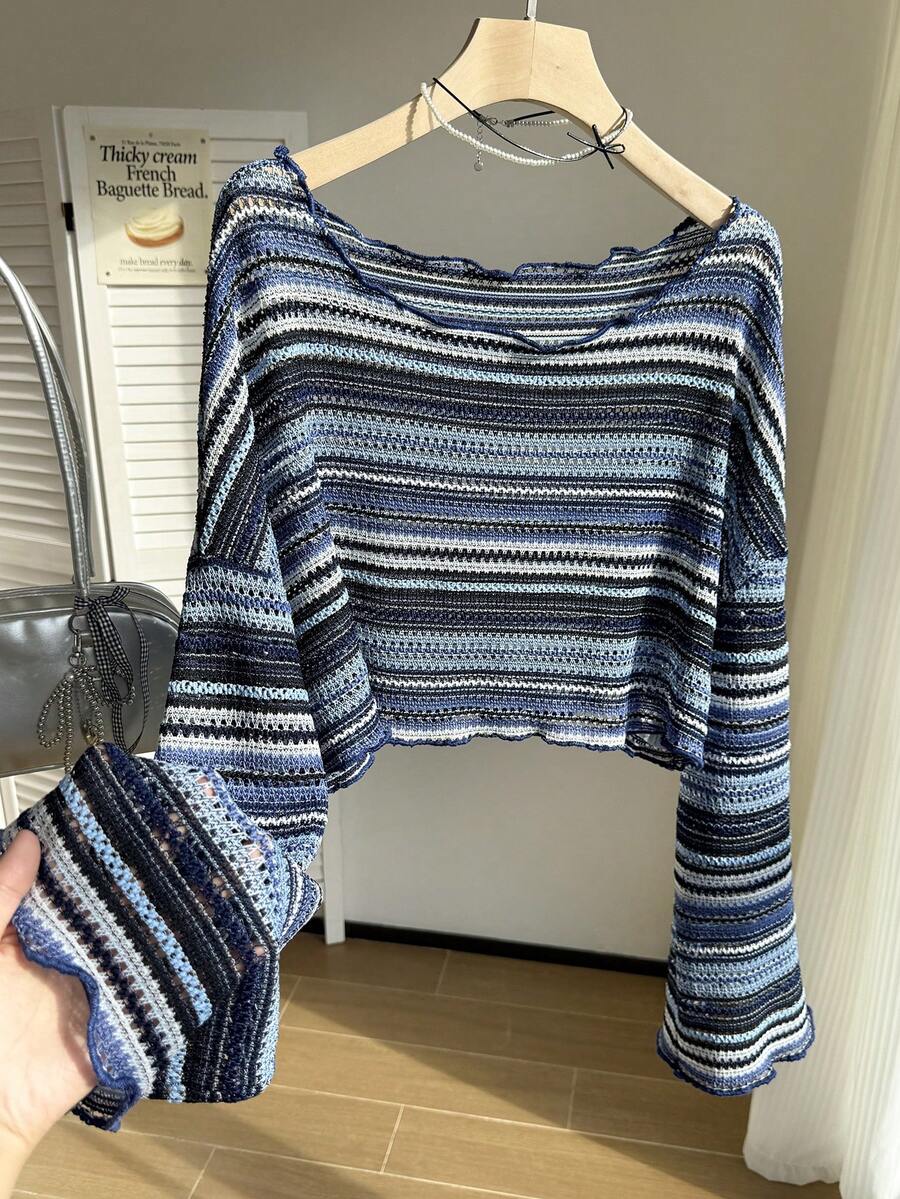Comfortcana Plus Size Women Casual Striped Cropped T-Shirt,Fall Clothes For Women Colorful Knit Top,Autumn/Winter,Fall Clothes For Women Boho Knit Top Striped Knit Top,Vacation, Summer Knit Top,Slightly Sheer