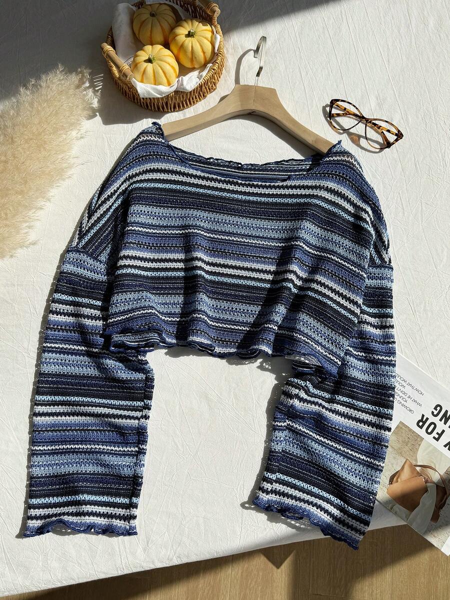 Comfortcana Plus Size Women Casual Striped Cropped T-Shirt,Fall Clothes For Women Colorful Knit Top,Autumn/Winter,Fall Clothes For Women Boho Knit Top Striped Knit Top,Vacation, Summer Knit Top,Slightly Sheer