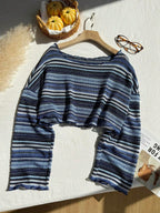 Comfortcana Plus Size Women Casual Striped Cropped T-Shirt,Fall Clothes For Women Colorful Knit Top,Autumn/Winter,Fall Clothes For Women Boho Knit Top Striped Knit Top,Vacation, Summer Knit Top,Slightly Sheer