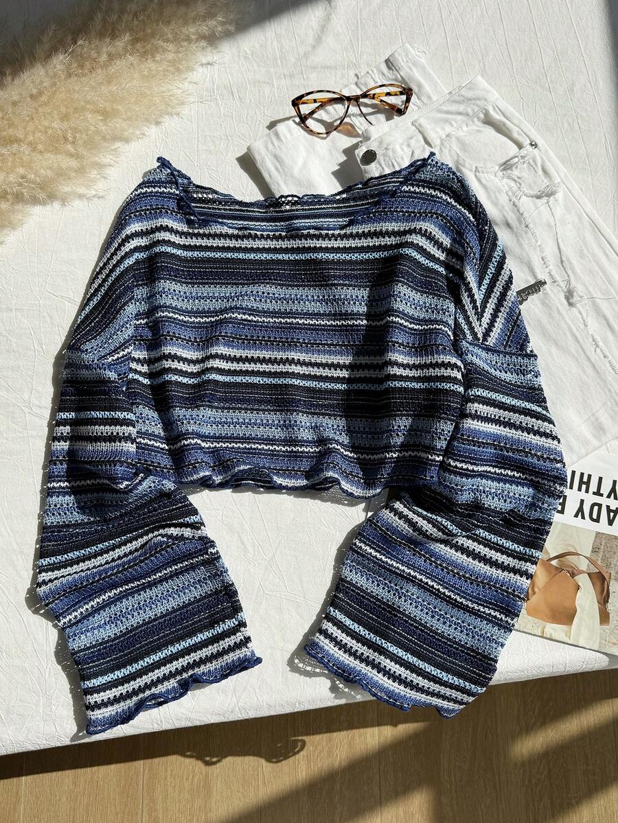Comfortcana Plus Size Women Casual Striped Cropped T-Shirt,Fall Clothes For Women Colorful Knit Top,Autumn/Winter,Fall Clothes For Women Boho Knit Top Striped Knit Top,Vacation, Summer Knit Top,Slightly Sheer