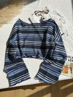 Comfortcana Plus Size Women Casual Striped Cropped T-Shirt,Fall Clothes For Women Colorful Knit Top,Autumn/Winter,Fall Clothes For Women Boho Knit Top Striped Knit Top,Vacation, Summer Knit Top,Slightly Sheer