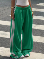 Muchica Women's White Striped Knitted Sweatpants Extra Long Straight Leg Pink Side Stripe Loose Fit Casual Track Pants For Everyday Wear White Beach Pants White Wide Leg Pants Women Wide Pants Wide Leg Summer Pants Palazzo Pants Women White Track Pants Women