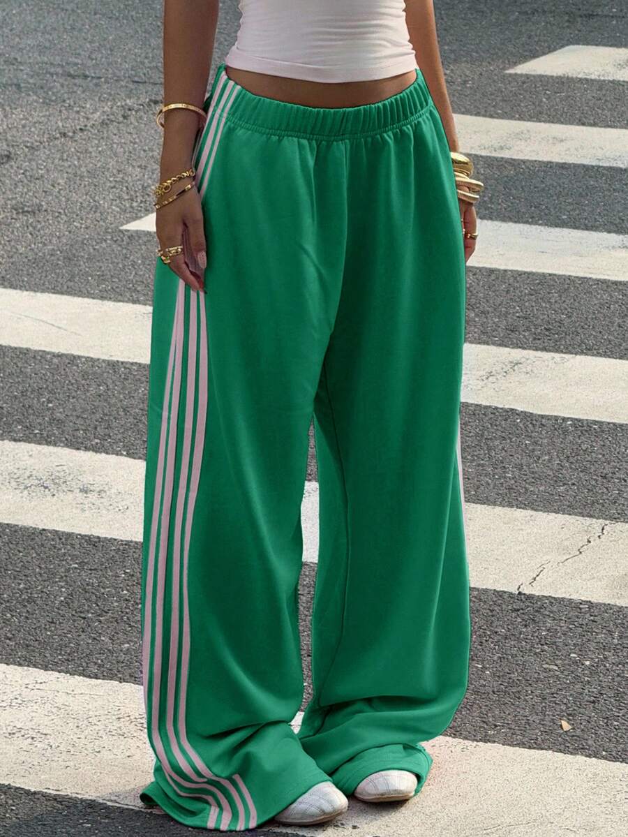 Muchica Women's White Striped Knitted Sweatpants Extra Long Straight Leg Pink Side Stripe Loose Fit Casual Track Pants For Everyday Wear White Beach Pants White Wide Leg Pants Women Wide Pants Wide Leg Summer Pants Palazzo Pants Women White Track Pants Women