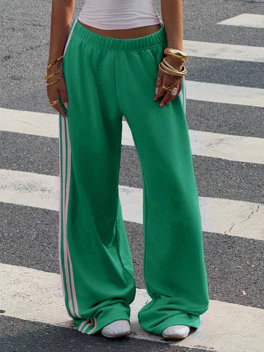 Muchica Women's White Striped Knitted Sweatpants Extra Long Straight Leg Pink Side Stripe Loose Fit Casual Track Pants For Everyday Wear White Beach Pants White Wide Leg Pants Women Wide Pants Wide Leg Summer Pants Palazzo Pants Women White Track Pants Women