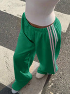 Muchica Women's White Striped Knitted Sweatpants Extra Long Straight Leg Pink Side Stripe Loose Fit Casual Track Pants For Everyday Wear White Beach Pants White Wide Leg Pants Women Wide Pants Wide Leg Summer Pants Palazzo Pants Women White Track Pants Women