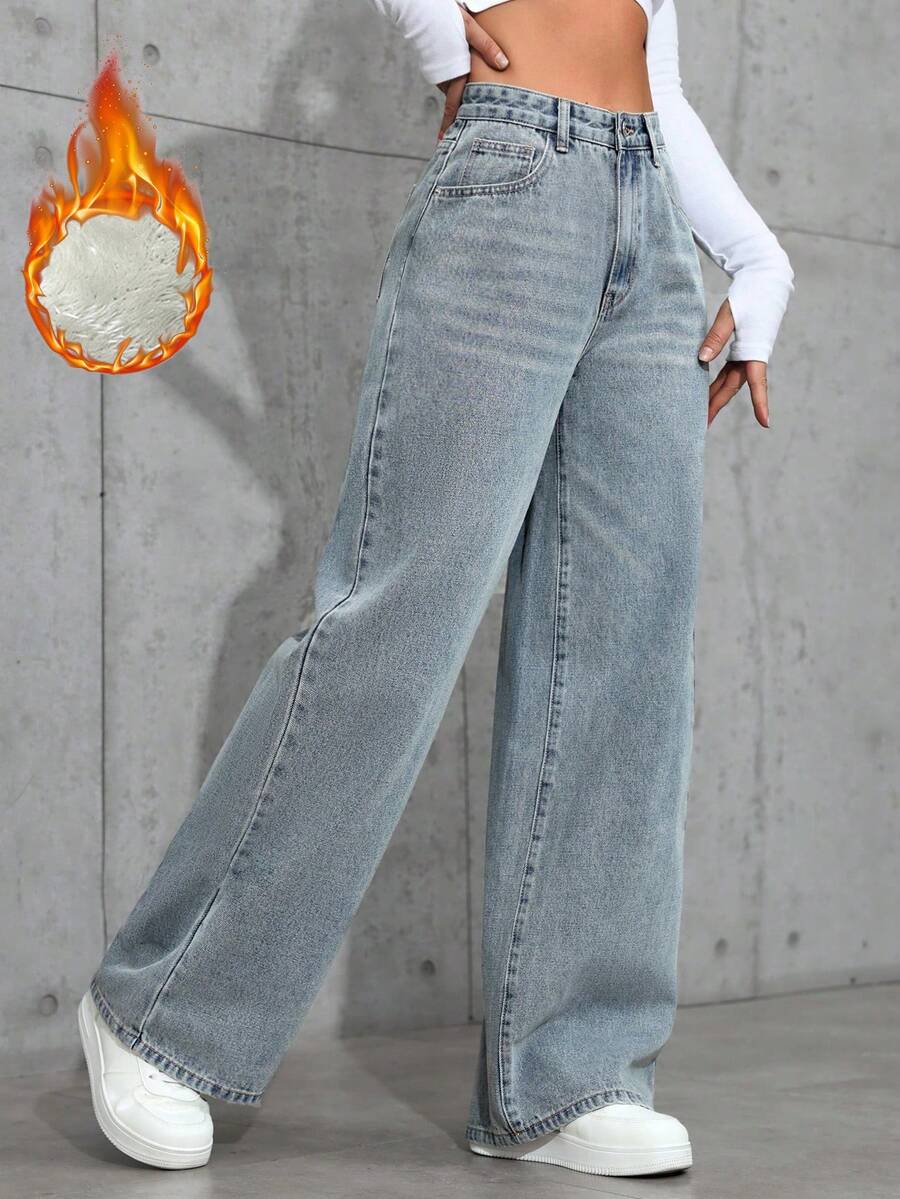 SHEIN ICON Casual Relaxed-Fit High-Waist Straight Leg Denim Jeans