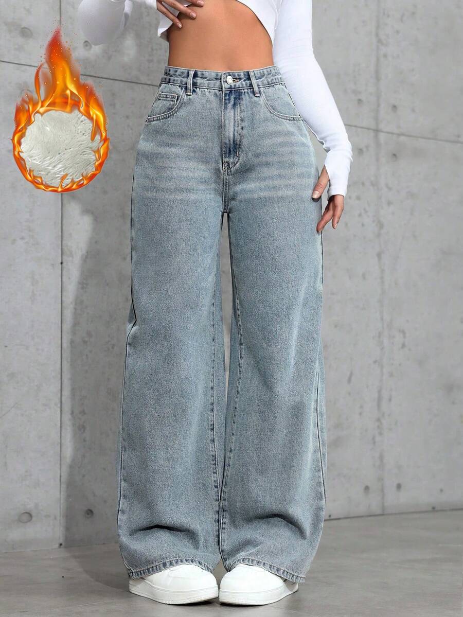 SHEIN ICON Casual Relaxed-Fit High-Waist Straight Leg Denim Jeans