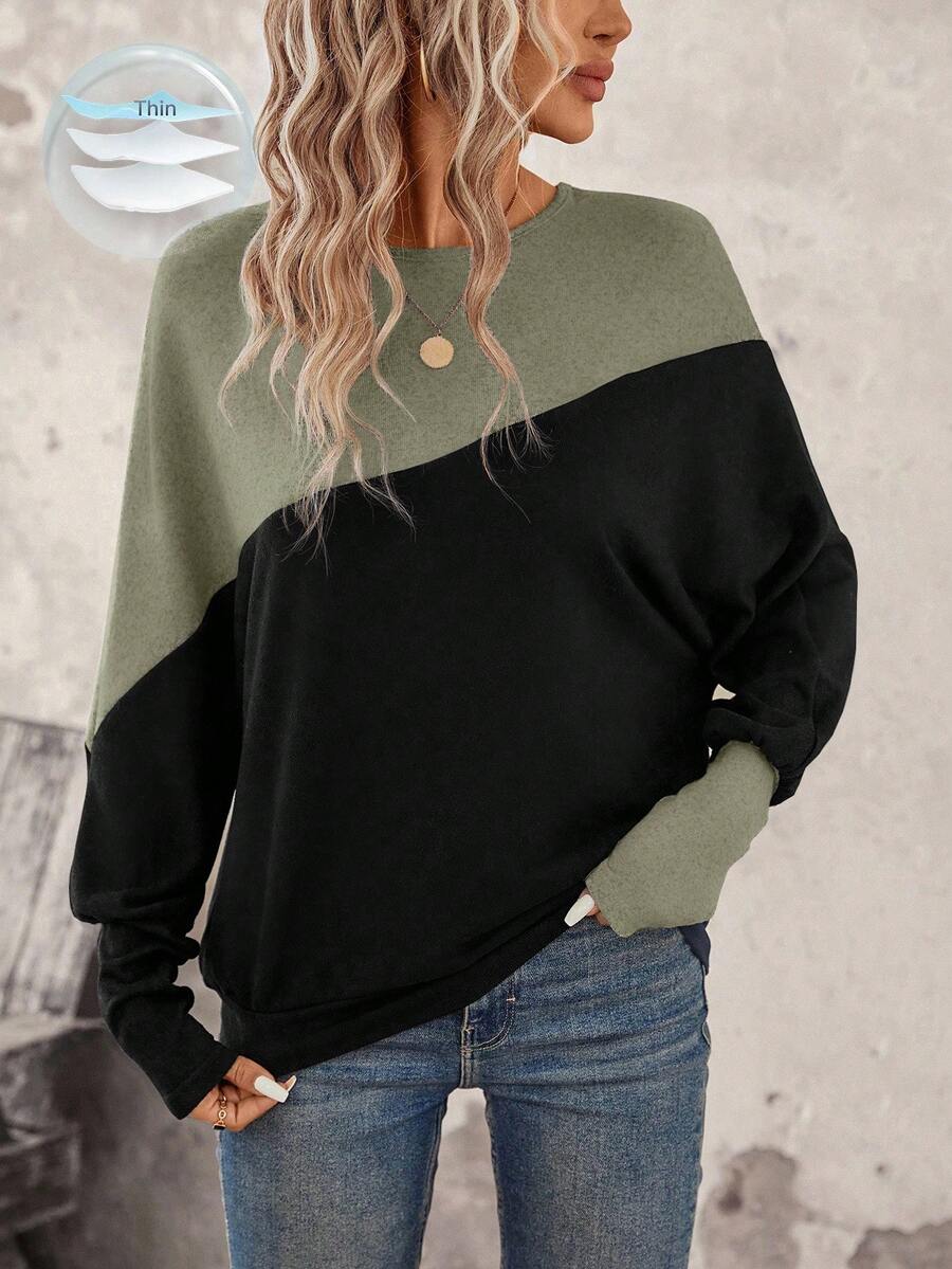 SHEIN LUNE Two Tone Batwing Sleeve Sweatshirt Graduation,Back To School Outfits,Graduation,Teacher Outfits For Women,Back To School In Fall/Winter Women Long Sleeve Tops Winter Tops For Women Pullover For Women Women Sweater Oversized Sweatshirt Woman,Fall,Fall Clothes For Women