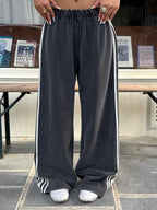 Muchica Women's White Striped Knitted Sweatpants Extra Long Straight Leg Pink Side Stripe Loose Fit Casual Track Pants For Everyday Wear White Beach Pants White Wide Leg Pants Women Wide Pants Wide Leg Summer Pants Palazzo Pants Women White Track Pants Women