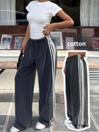 Muchica Women's White Striped Knitted Sweatpants Extra Long Straight Leg Pink Side Stripe Loose Fit Casual Track Pants For Everyday Wear White Beach Pants White Wide Leg Pants Women Wide Pants Wide Leg Summer Pants Palazzo Pants Women White Track Pants Women